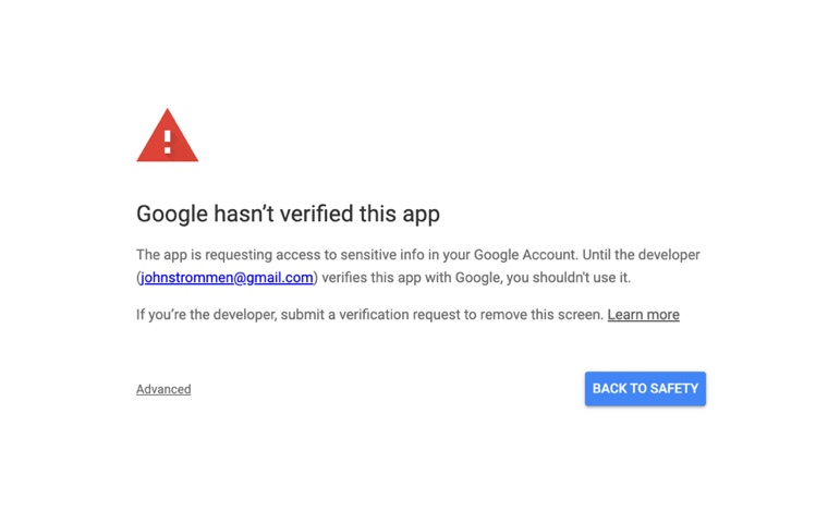 Google's screen saying it has not verified this app, with an Advanced link at the bottom left