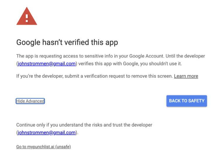 The same screen with Advanced open, showing a link at the bottom: Go to mypunchlist.ai (unsafe)
