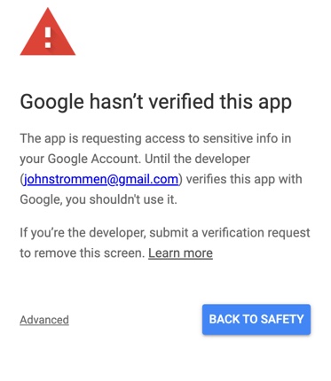 On a phone: Google's screen saying it has not verified this app, with an Advanced link at the bottom left