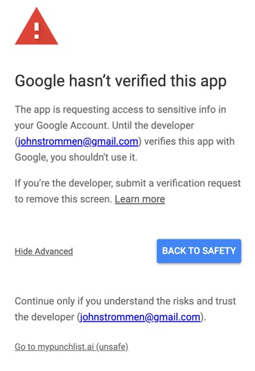 On a phone: the same screen with Advanced open, showing a link at the bottom: Go to mypunchlist.ai (unsafe)